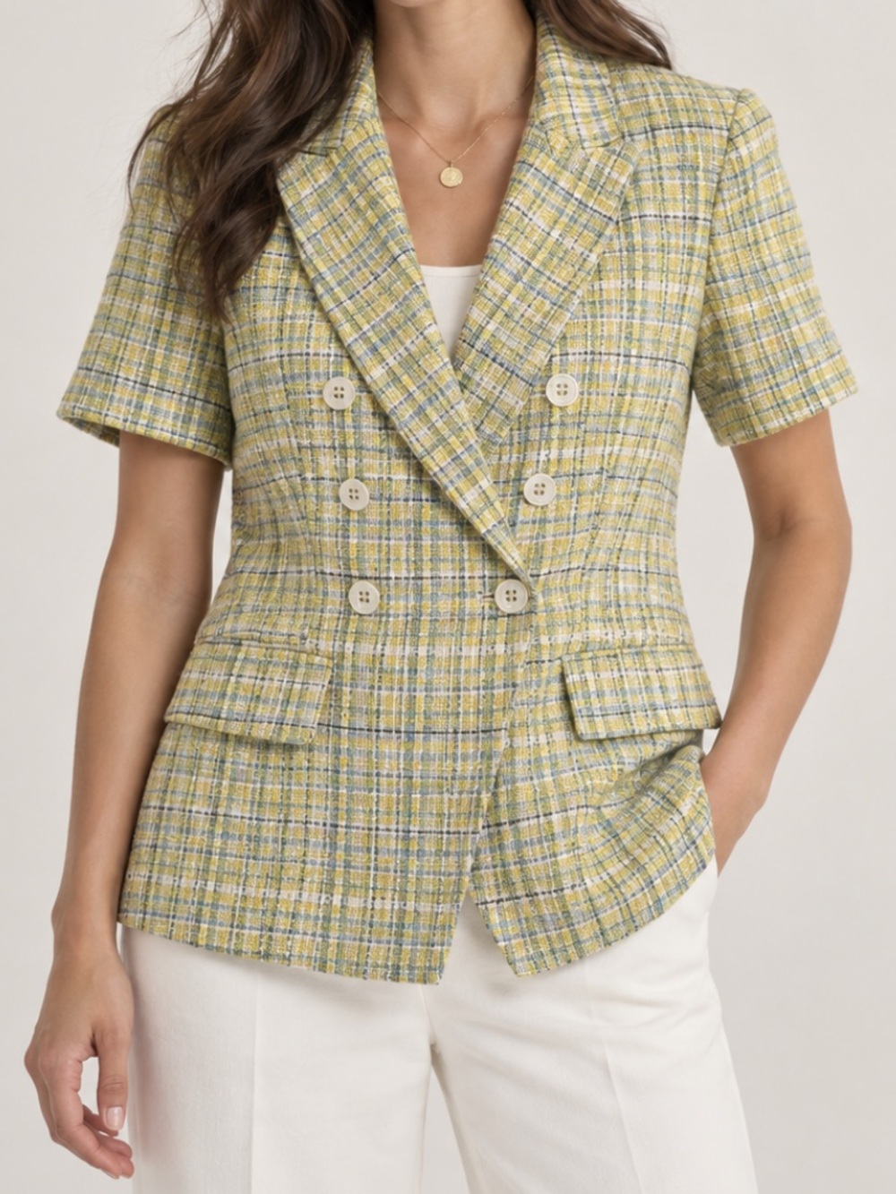 Maison d'Amelie Boucle Tweed Plaid Double Breasted Blazer Jacket Yellow Small